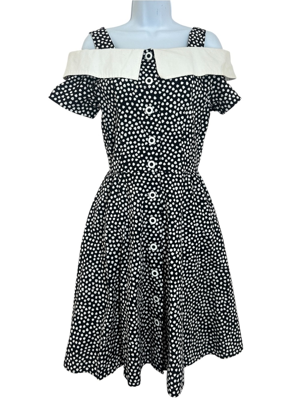 Vintage Stuart Alan Black White Polka-dot Fit & Flare Midi Dress Size M Retro